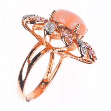 sz5.25 14k yellow gold, Diamond, pink Spinel, Coral sunburst cocktail ring