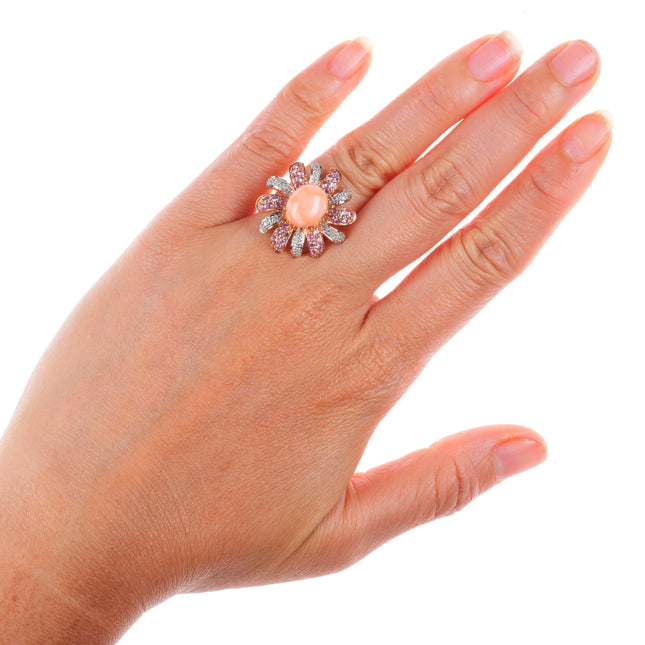 sz5.25 14k yellow gold, Diamond, pink Spinel, Coral sunburst cocktail ring