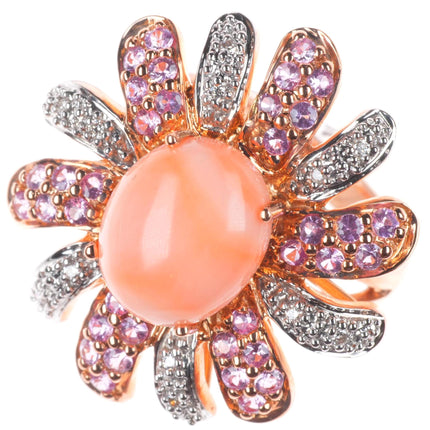 sz5.25 14k yellow gold, Diamond, pink Spinel, Coral sunburst cocktail ring