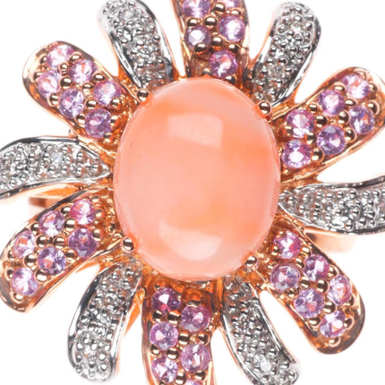 sz5.25 14k yellow gold, Diamond, pink Spinel, Coral sunburst cocktail ring
