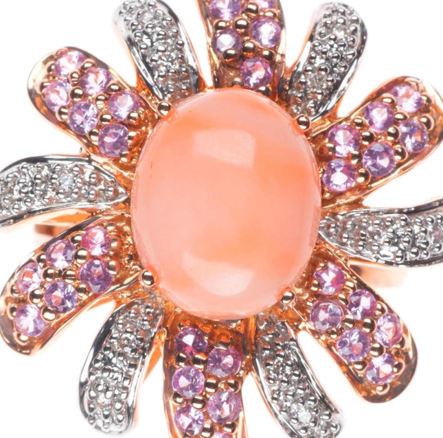sz5.25 14k yellow gold, Diamond, pink Spinel, Coral sunburst cocktail ring