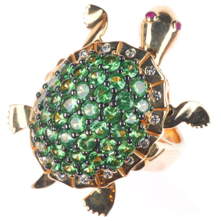 sz5.25 LeVian 14k yellow gold, Diamond, Tsavorite Garnet, Ruby Sea Turtle ring