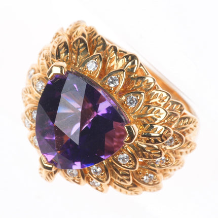 sz5.5 14k yellow gold, Diamond, Amethyst naturalistic leaves cocktail ring