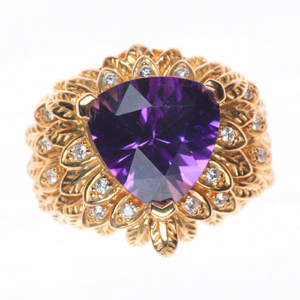 sz5.5 14k yellow gold, Diamond, Amethyst naturalistic leaves cocktail ring
