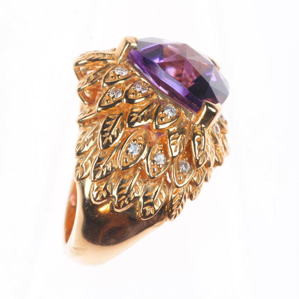 sz5.5 14k yellow gold, Diamond, Amethyst naturalistic leaves cocktail ring