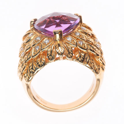 sz5.5 14k yellow gold, Diamond, Amethyst naturalistic leaves cocktail ring