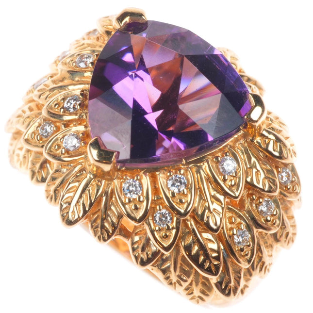 sz5.5 14k yellow gold, Diamond, Amethyst naturalistic leaves cocktail ring