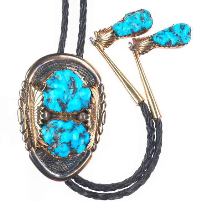 Robert and Bernice Leekya 14k yellow gold sterling silver turquoise bolo tie
