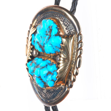 Robert and Bernice Leekya 14k yellow gold sterling silver turquoise bolo tie