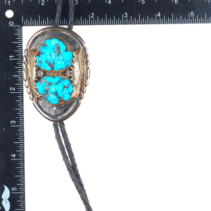 Robert and Bernice Leekya 14k yellow gold sterling silver turquoise bolo tie