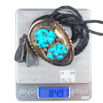 Robert and Bernice Leekya 14k yellow gold sterling silver turquoise bolo tie