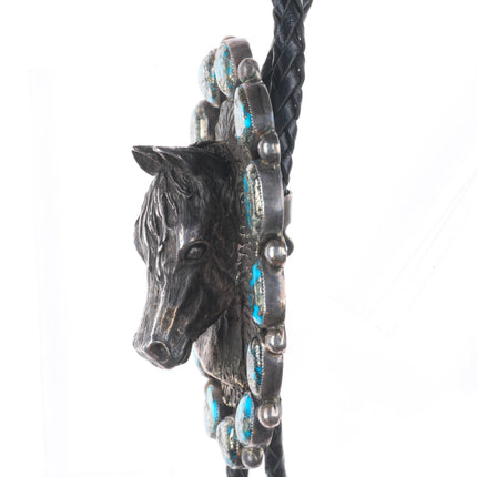 Large Navajo Sterling silver 3D Horse bust high grade Pyrite turquoise bolo tie