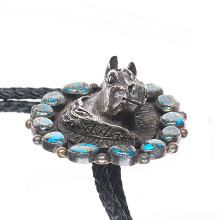 Large Navajo Sterling silver 3D Horse bust high grade Pyrite turquoise bolo tie