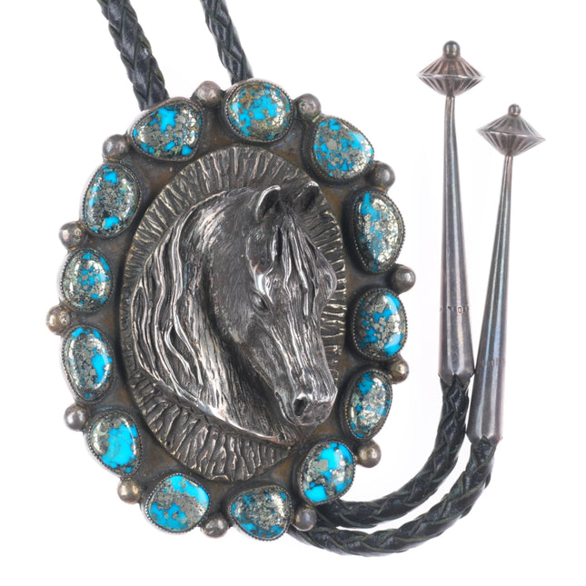 Large Navajo Sterling silver 3D Horse bust high grade Pyrite turquoise bolo tie