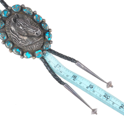 Large Navajo Sterling silver 3D Horse bust high grade Pyrite turquoise bolo tie