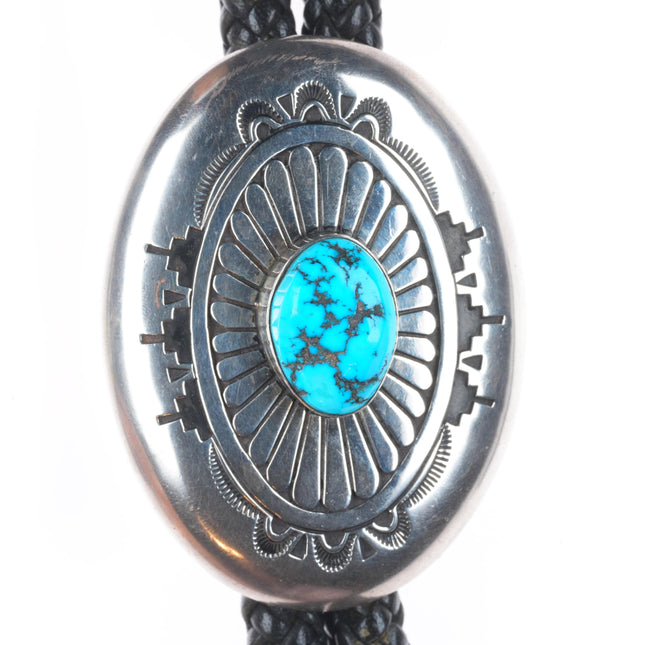 Large Charlie John Navajo Sterling silver turquoise chiseled/stamped bolo tie