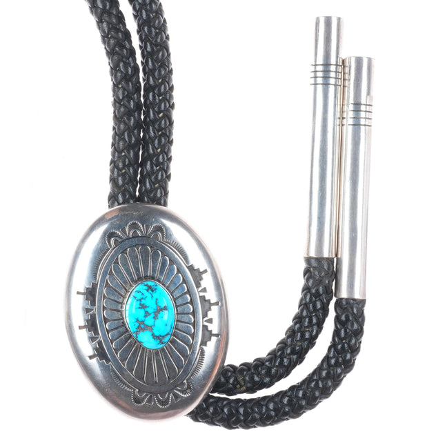 Large Charlie John Navajo Sterling silver turquoise chiseled/stamped bolo tie