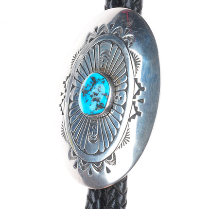 Large Robert Johnson Navajo Sterling silver turquoise chiseled/stamped bolo tie