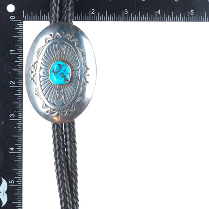 Large Robert Johnson Navajo Sterling silver turquoise chiseled/stamped bolo tie