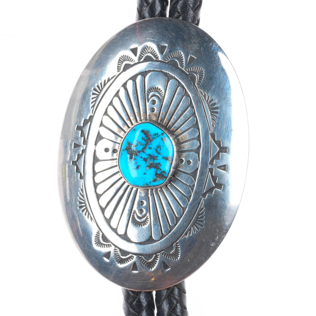 Large Robert Johnson Navajo Sterling silver turquoise chiseled/stamped bolo tie