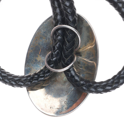 Large Robert Johnson Navajo Sterling silver turquoise chiseled/stamped bolo tie