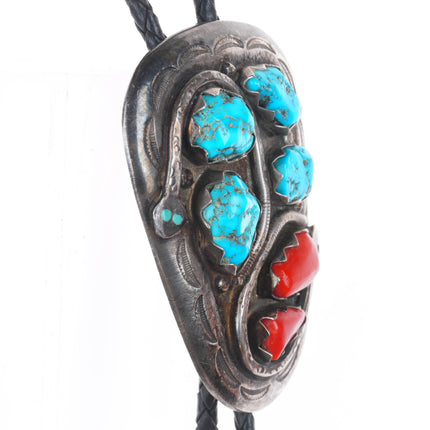 c1970 Effie Calavaza Zuni sterling silver, turquoise, coral snakes bolo tie