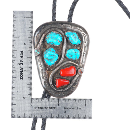 c1970 Effie Calavaza Zuni sterling silver, turquoise, coral snakes bolo tie