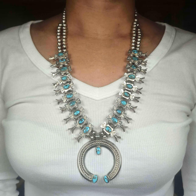 c1940 UITA-21 Navajo Sterling silver Box Bow Turquoise squash blossom necklace
