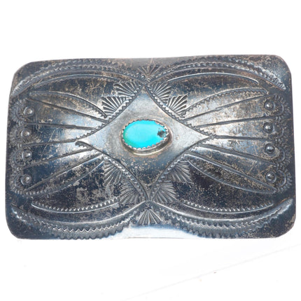 1.5" Vintage Navajo sterling silver stamped belt buckle with turquoise