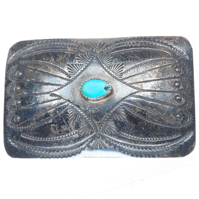 1.5" Vintage Navajo sterling silver stamped belt buckle with turquoise