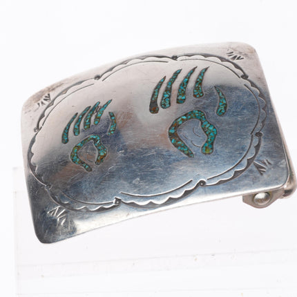 1.5" Vintage Navajo sterling silver bear paw chip inlay belt buckle