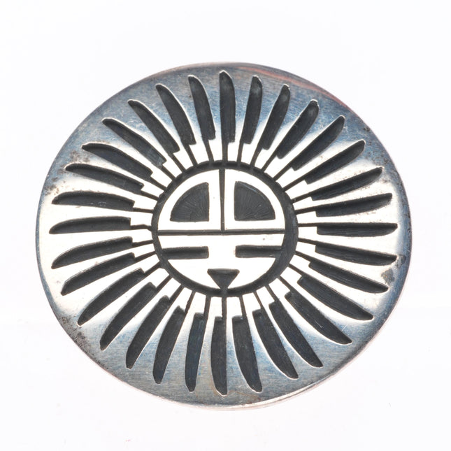 Hopi overlay Steven Pooyouma Kuyvaya sterling silver sunface pin/brooch