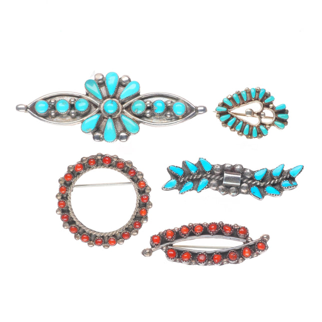 Vintage Zuni sterling silver needlepoint turquoise/coral brooch/pin lot