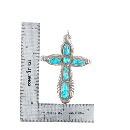 Vintage Horace Iule Zuni sterling silver spiderweb turquoise cross pendant