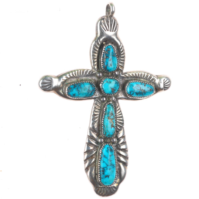 Vintage Horace Iule Zuni sterling silver spiderweb turquoise cross pendant