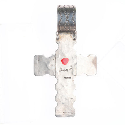 Big Gary G Navajo sterling silver hand stamped cross pendant with black stone
