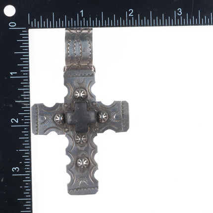 Big Gary G Navajo sterling silver hand stamped cross pendant with black stone