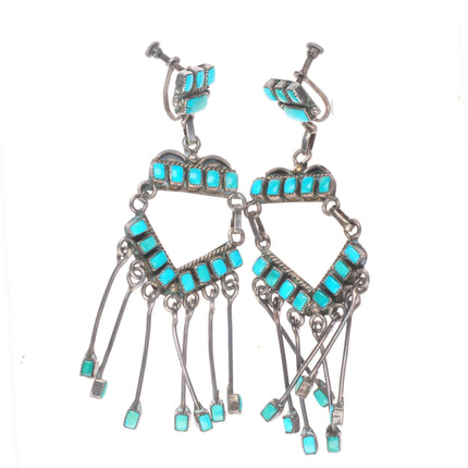 c1950 Long vintage Zuni sterling silver square cut turquoise chandelier earrings