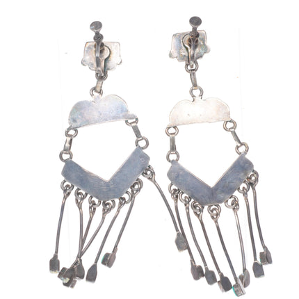 c1950 Long vintage Zuni sterling silver square cut turquoise chandelier earrings