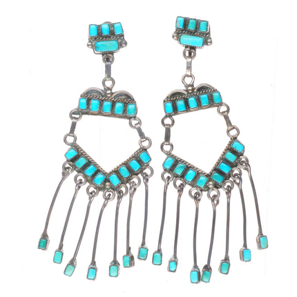 c1950 Long vintage Zuni sterling silver square cut turquoise chandelier earrings