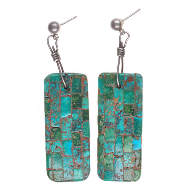 Vintage Santo Domingo inlaid turquoise on wood sterling silver earrings
