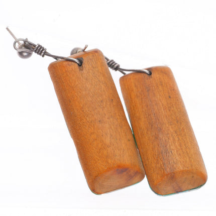 Vintage Santo Domingo inlaid turquoise on wood sterling silver earrings
