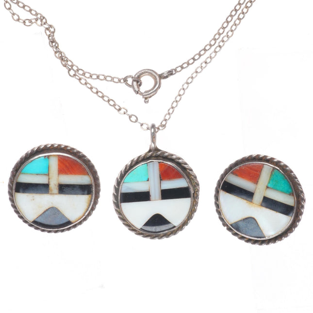 c1950  Vintage Zuni sterling silver sunface earrings and necklace pendant set