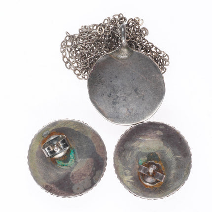 c1950  Vintage Zuni sterling silver sunface earrings and necklace pendant set