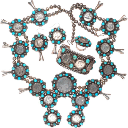 Vintage Jane Yikaazba Popovich Navajo Squash blossom necklace, cuff, earring set