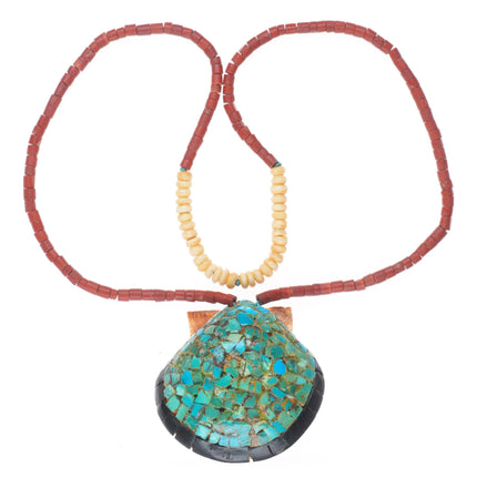 Vintage Santo Domingo shell turquoise mosaic pendant necklace pipestone beads