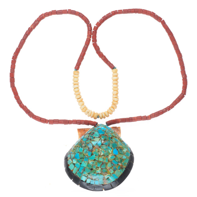 Vintage Santo Domingo shell turquoise mosaic pendant necklace pipestone beads