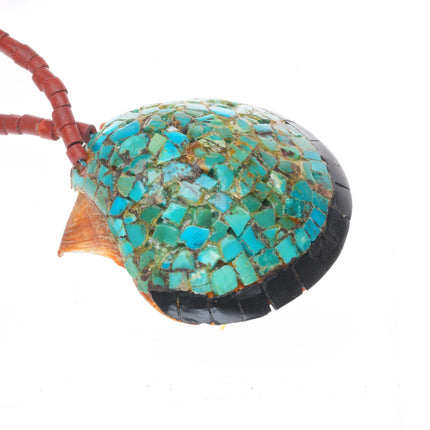 Vintage Santo Domingo shell turquoise mosaic pendant necklace pipestone beads