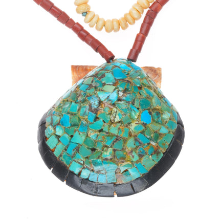 Vintage Santo Domingo shell turquoise mosaic pendant necklace pipestone beads