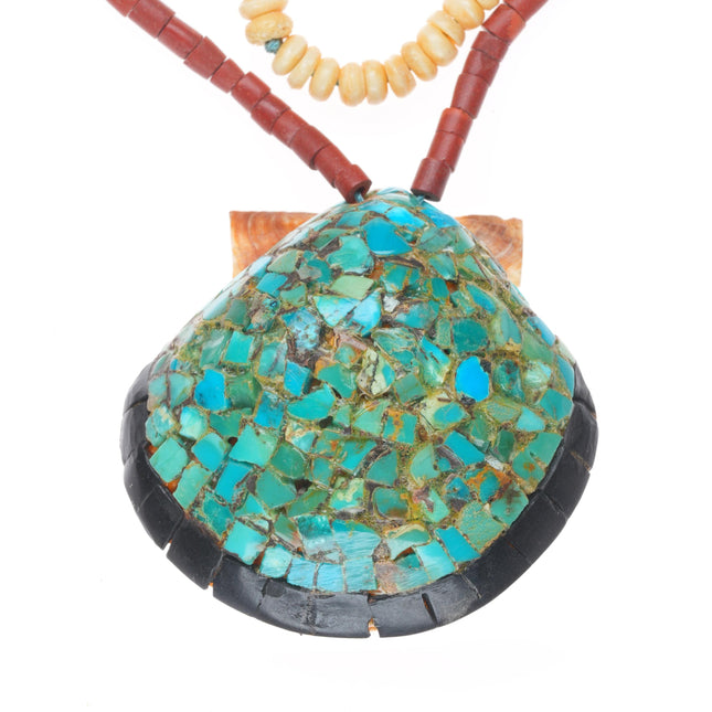 Vintage Santo Domingo shell turquoise mosaic pendant necklace pipestone beads